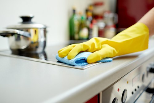 Technician cleaning a sofa in a Roehampton living room